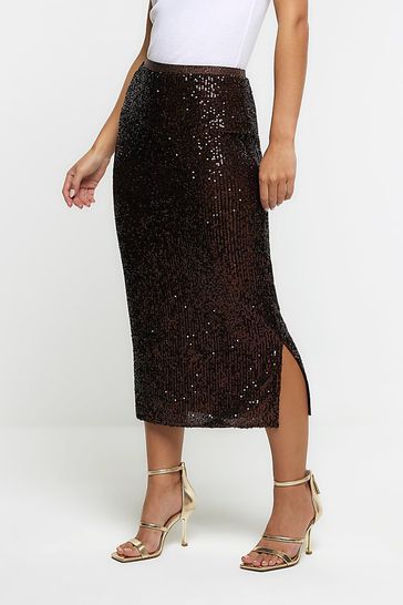 Buy River Island Brown Petite Sequin Midi Skirt from Next Luxembourg