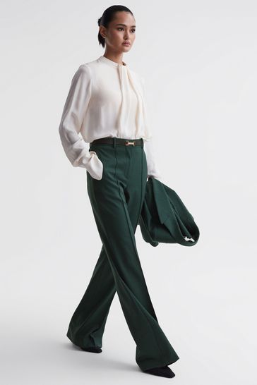 Reiss Bottle Green Jade Wide Wide Leg Wool Blend Mid Rise Suit Trousers