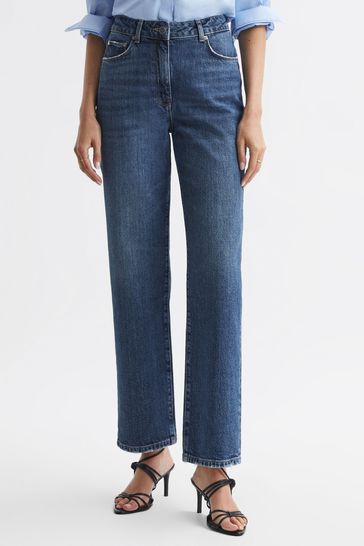Reiss Mid Blue Selin Mid Rise Straight Leg Cropped Jeans