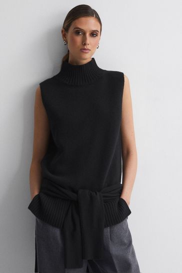 Reiss Black Gazelle Casual Wool-Cashmere Funnel Neck Sleeveless Top