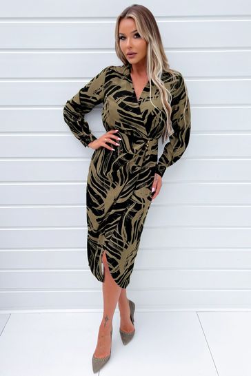 Buy AX Paris Print Wrap Collared Black and Khaki Midi Dress from