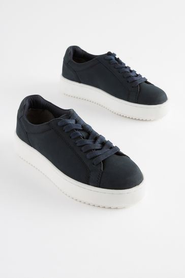 Navy Blue Lace Up Leather Smart Trainers