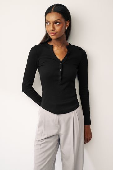 Black Ribbed Button Detail Long Sleeve Henley Top