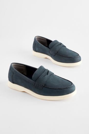 Navy Contrast Sole Leather Penny Loafers