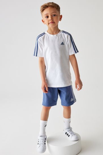 adidas White/Blue Sportswear Essentials 3-Stripes Tee And Shorts Set