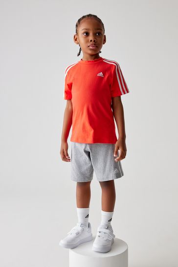 adidas Red/Grey Sportswear Essentials 3-Stripes Tee And Shorts Set
