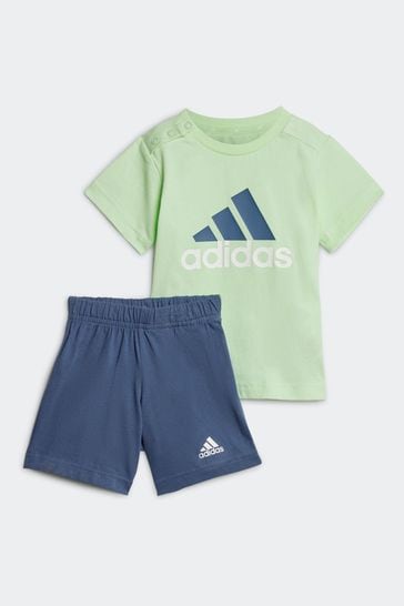 adidas Green/Blue Sportswear Essentials Organic Cotton Tee And Shorts Set