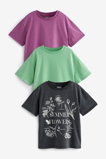 Charcoal/Purple/Green Washed Graphic 3 Pack Oversized T-Shirts (3-16yrs)