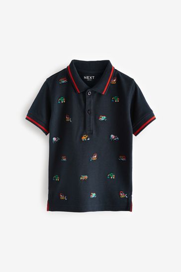 Navy Blue All Over Embroidered Short Sleeve Polo Shirt (3mths-7yrs)