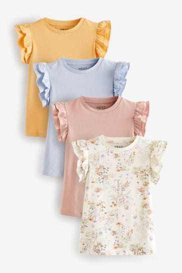 Pink/Blue/Yellow 4 Pack Floral Frill Sleeve T-Shirts (3-16yrs)