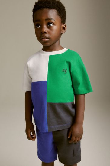 Blue Green Short Sleeve Colourblock T Shirt and Shorts Set 3mths 7yrs