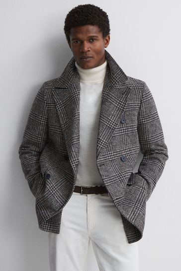 Reiss Black/Brown Brag Wool Double Breasted Check Coat