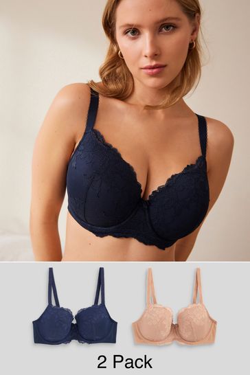 Neutral/Navy Blue Pad Balcony DD+ Lace Bras 2 Pack