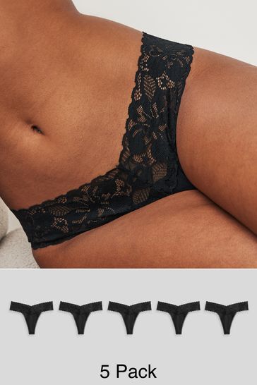 Black Thong Floral Lace Knickers 5 Pack