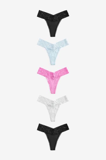 Pink/Blue/Black Thong Floral Lace Knickers 5 Pack