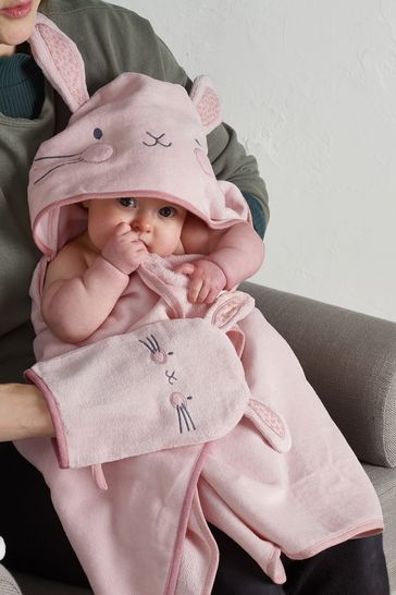 Toalla rosa con conejitos con capucha para recién nacido de algodón