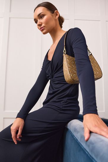 Lauren Ralph Lauren Navy Blue Nadira Twist Front Stretch Jersey Gown