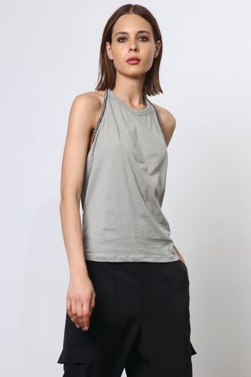 Religion Grey Beaded Open Back Halter Neck Jersey Top