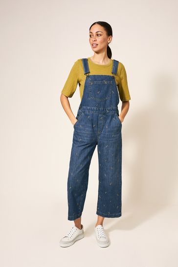 White Stuff Blue Embroidered Crop Dungaree