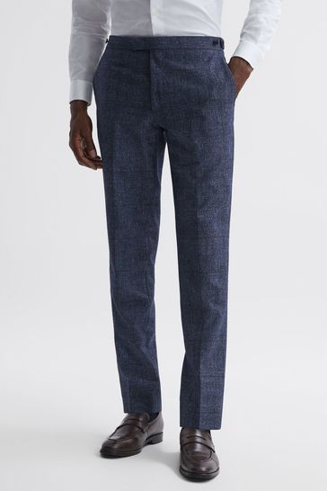 Buy Reiss Indigo Barrett Slim Fit Wool Linen Check Trousers from Next Denmark