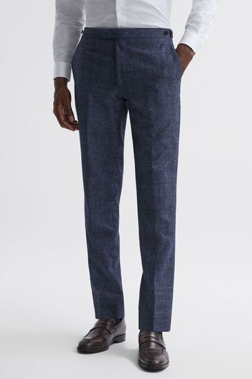 Reiss Indigo Barrett Slim Fit Wool-Linen Check Trousers