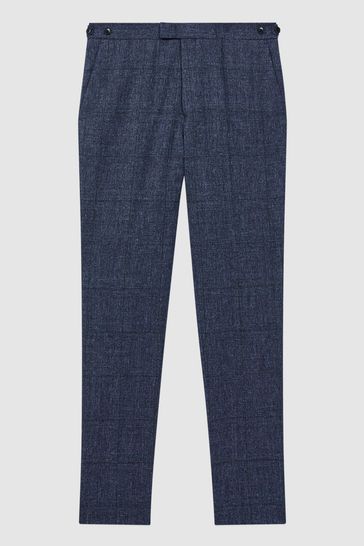 Buy Reiss Indigo Barrett Slim Fit Wool Linen Check Trousers from