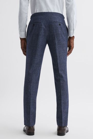 Buy Reiss Indigo Barrett Slim Fit Wool Linen Check Trousers from
