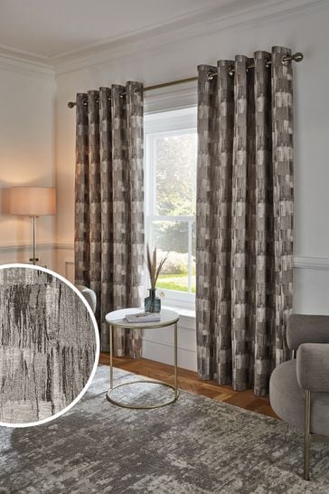Silver Metallic Abstract Jacquard Eyelet Lined Curtains