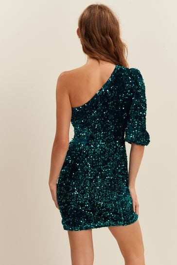Teal Blue Sequin One Shoulder Mini Dress