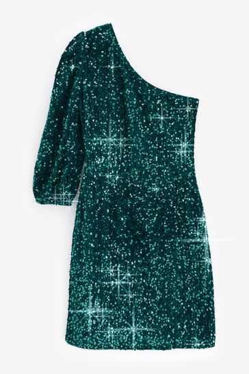 Teal Blue Sequin One Shoulder Mini Dress