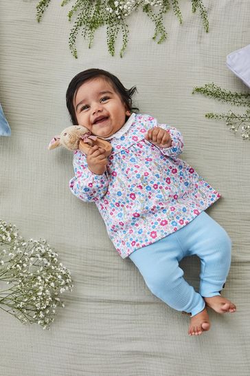 JoJo Maman Bébé Blue Girls' Peter Rabbit Floral Tunic With Collar & Rib Leggings Baby Set