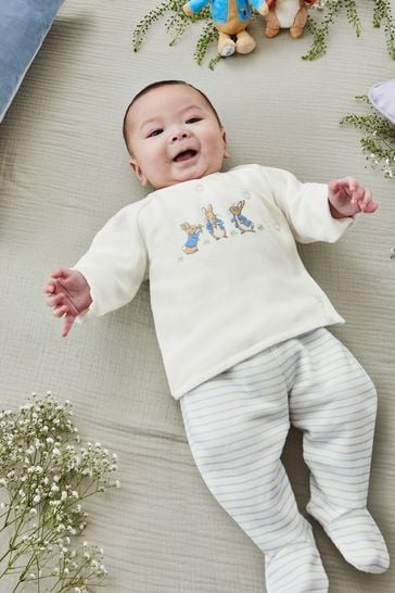 JoJo Maman Bébé Blue Peter Rabbit Appliqué Wrap Top & Cosy Trousers Baby Set