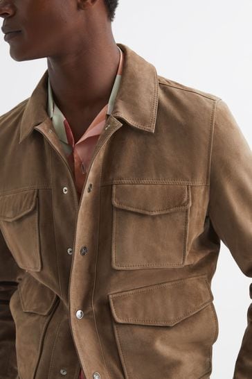 Reiss Taupe Ballina Suede Pocket Front Jacket