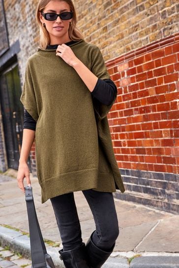 Khaki Green Lambswool Blend Knitted Poncho
