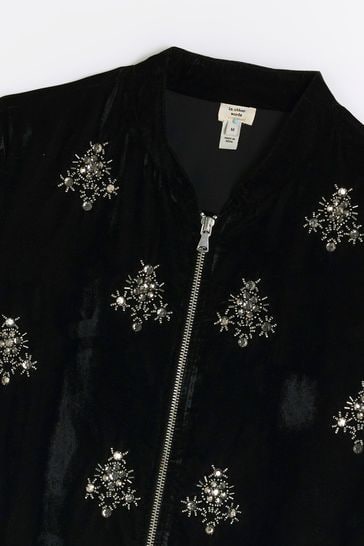 River Island Black Velvet Embellished Bomber Jacket