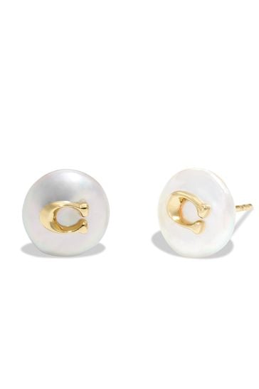 COACH Gold Tone Signature Coin Pearl Stud Earrings