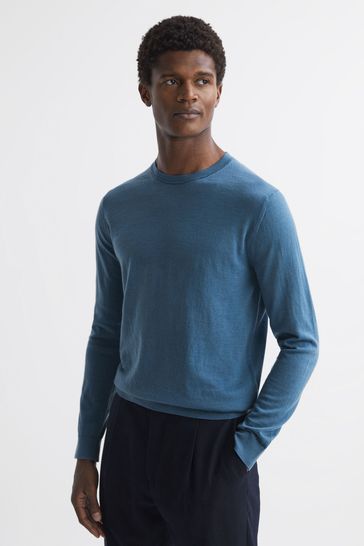 Reiss Marine Blue Wessex Merino Wool Crew Neck Jumper