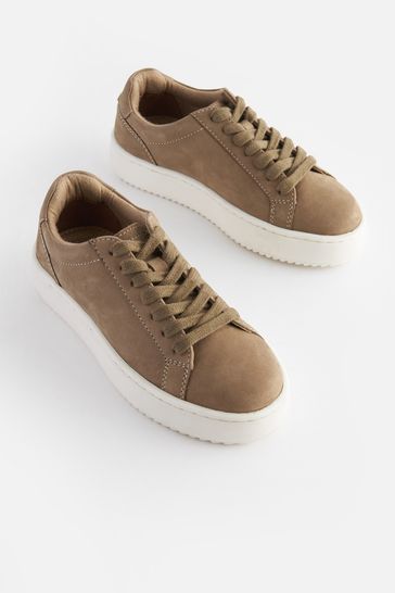 Neutral Stone Lace Up Leather Smart Trainers