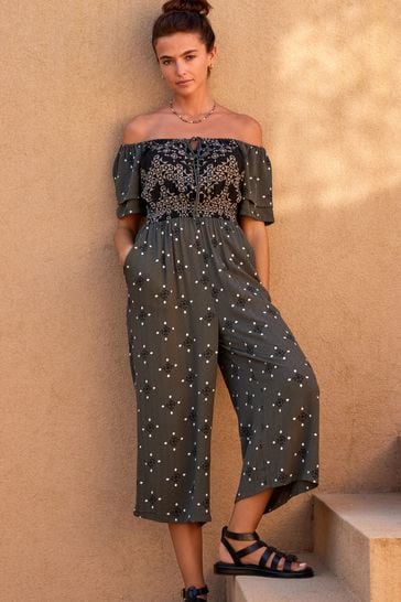 Khaki Green Woodblock Off Shoulder Jumpsuit