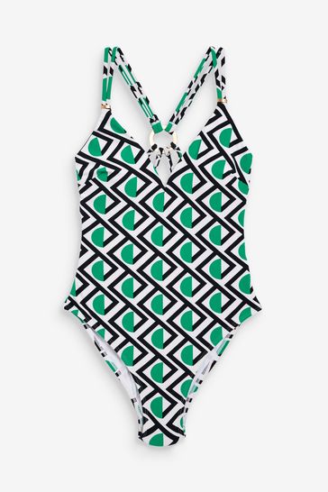 Green and white online striped one piece swimsuit