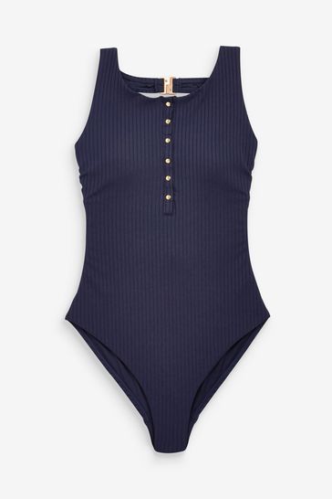 Buy Navy Blue Rib High Neck Tummy Control Popper Swimsuit from