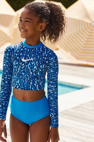 Nike Blue Nike Swim  Animal Print Long Sleeve Bikini Set