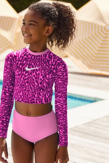 Nike Pink Nike Swim  Animal Print Long Sleeve Bikini Set