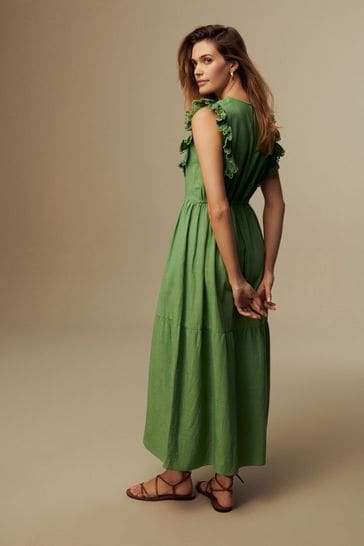 Green Linen Blend Lace Trim Midaxi Dress
