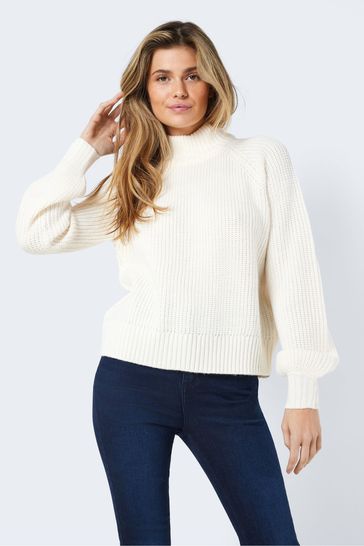 NOISY MAY White High Neck Jumper with Puff Sleeves