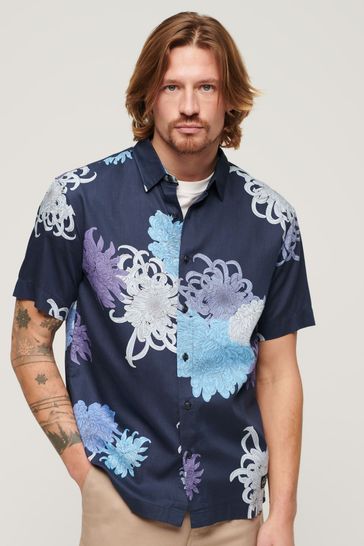 Superdry Chrysanthemum Navy Short Sleeve Hawaiian Printed Shirt