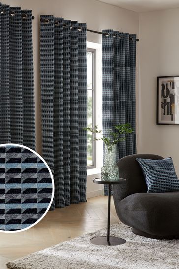 Navy Blue Geometric Chenille Eyelet Lined Curtains