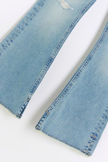 River Island Blue Girls Wash Ripped Flare Jeans