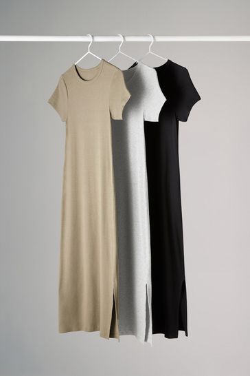 Buy The Set Black Grey Khaki Green 3 Pack Ribbed Short Sleeve Bodycon Dress from Next Bahrain