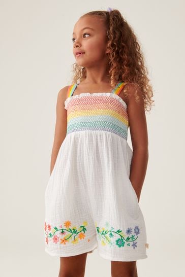 Little Bird by Jools Oliver White Rainbow Floral Embroidered Playsuit